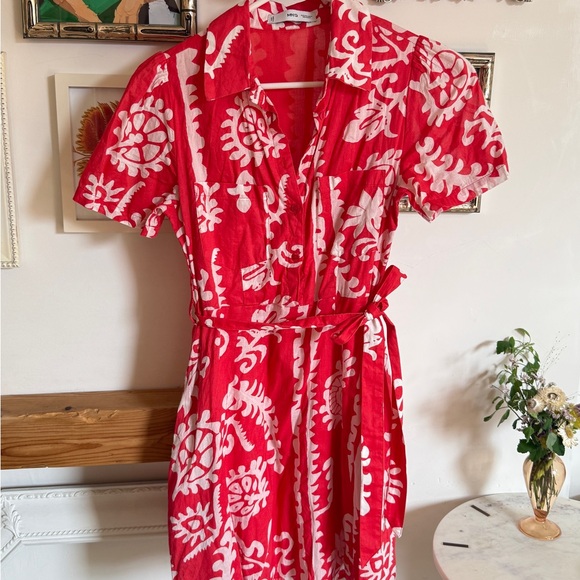 Mango Red & White Print Patterned Mini Dress in 100% Cotton with Pockets - Picture 9 of 14